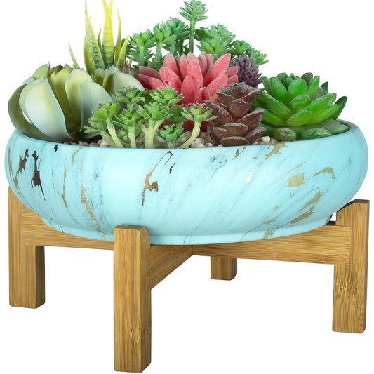 ARTKETTY Succulent Pots - 10 Inch Large Bonsai Pots with Drainage Stand, Ceramic Planters for Indoor Plants, Round Marble Cactus Flower Plant Container Bowl