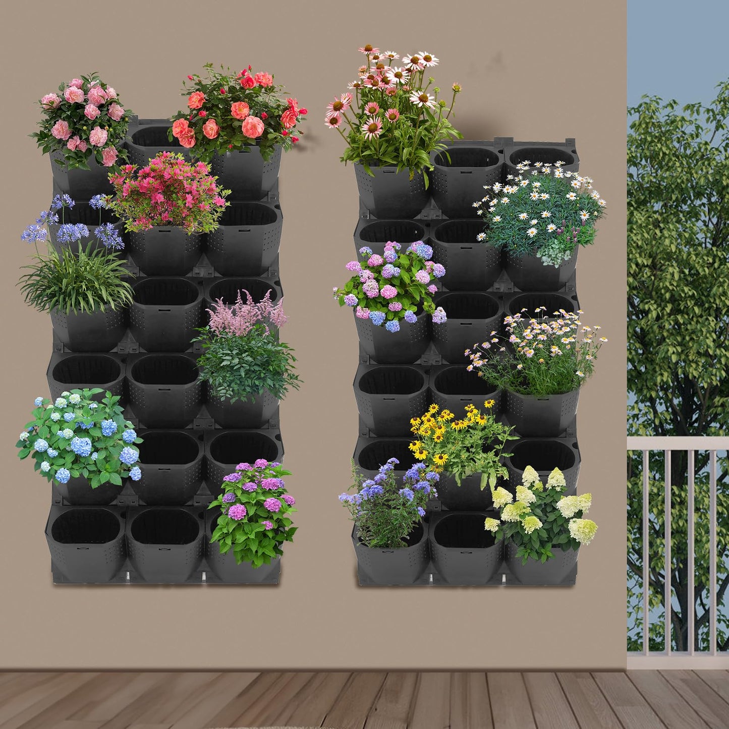 trggvvrt 36 Pockets Vertical Wall Planter, Wall Mounted Flower Pot Holder with 180LB Capacity,10.56 oz Self Watering Pots & 36 Non-Woven Bags for Indoor Outdoor Herbs,Flowers,Strawberries (Black)