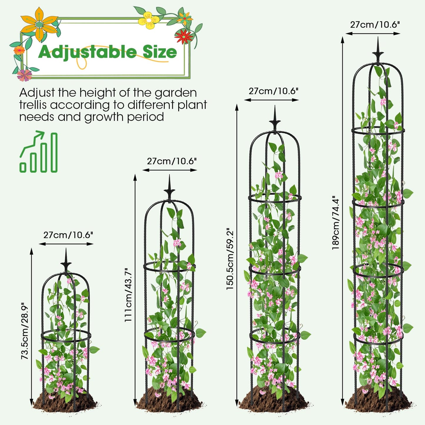 Tower Obelisk Garden Trellis for Climbing Plant，6.2FT/74.4" Rustproof Metal Potted Plant Climbing Support for Indoor Outdoor Flowers Vegetable Fruits Vines Support (2Pcs)