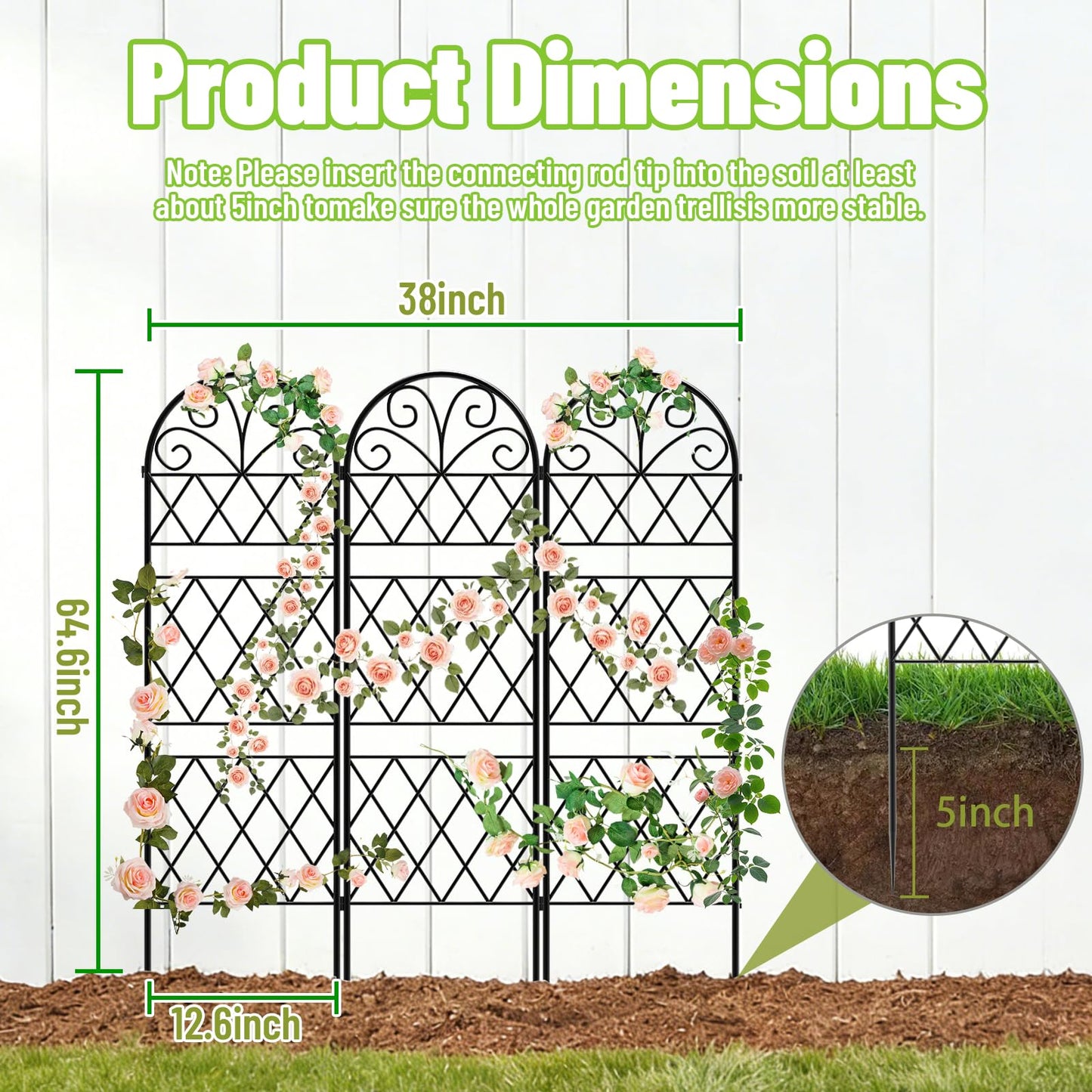 Garden Trellis for Climbing Plants, 3 Pack 38" Wx 64.6" H Rustproof Flower Trellis with Black Coating, Outdoor Climbing Rose Trellis Cucumbers Support for Courtyards Lawns (Diamond-Shaped Grid)