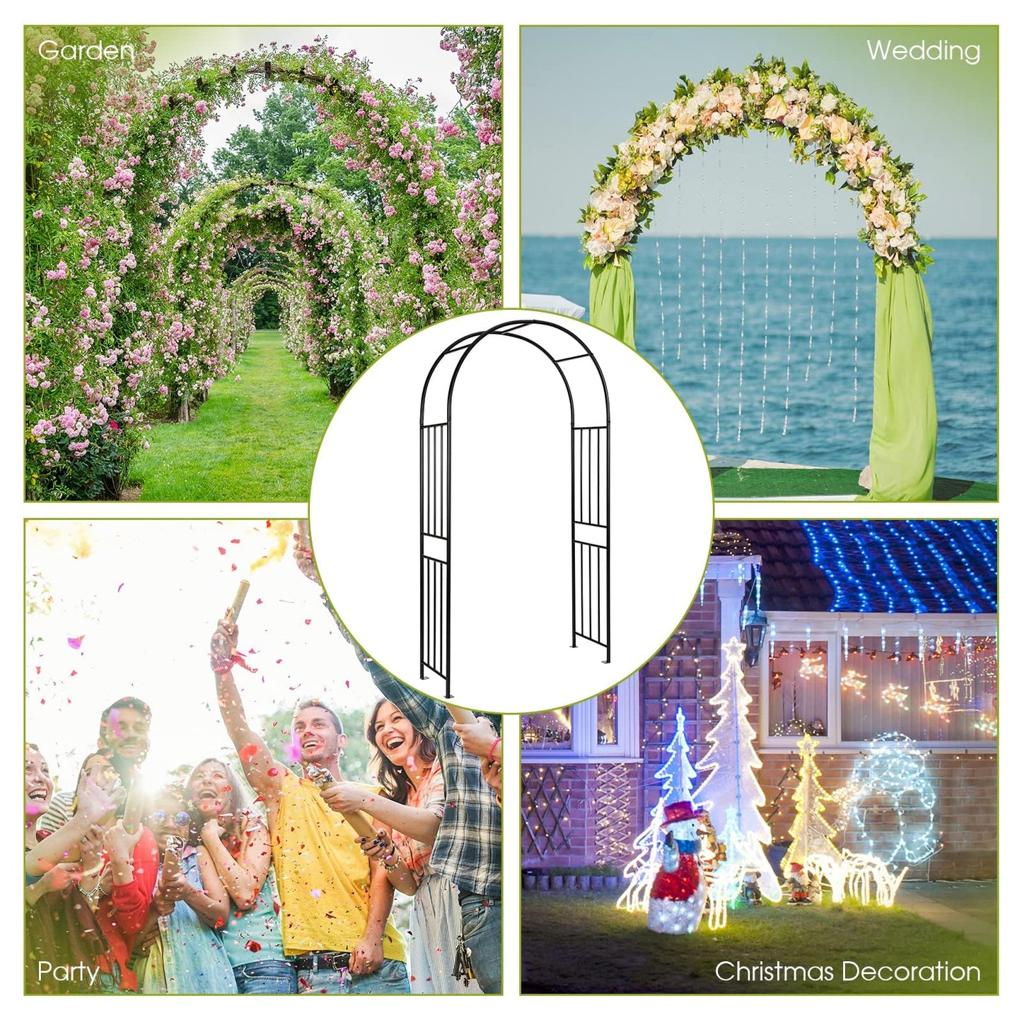 LDAILY Moccha Garden Arch Arbor Trellis, 7.2Ft Outdoor Steel Arbor with Stakes, Metal Archway for Climbing Plants, Wide Sturdy Garden Arch for Lawn, Party, Ceremony Wedding Decoration, Black