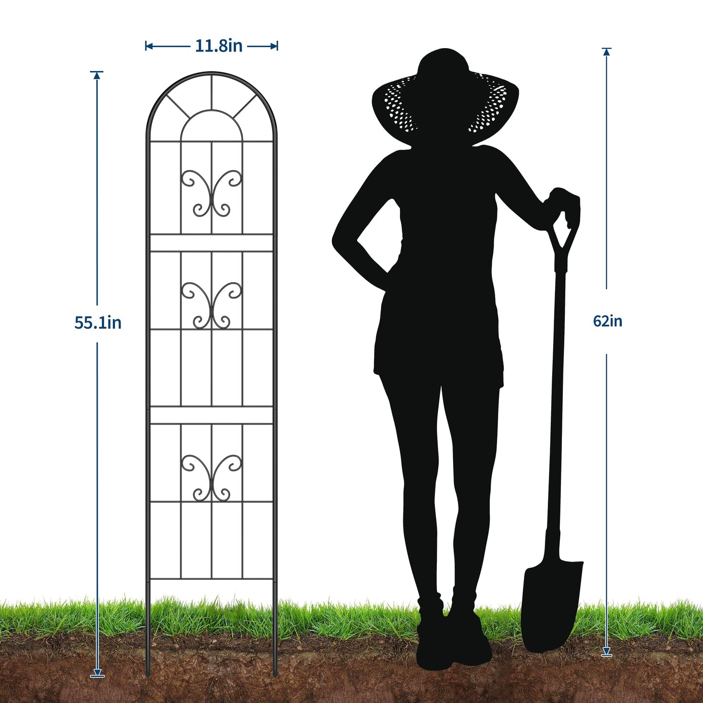 GarveeLife 2 Pack 55x11 in Black Metal Plant Trellis - Sturdy Rustproof Climbing Support for Roses, Vines & Vegetables - Indoor/Outdoor Garden Trellis for Pots, Houseplants & Patio Decor