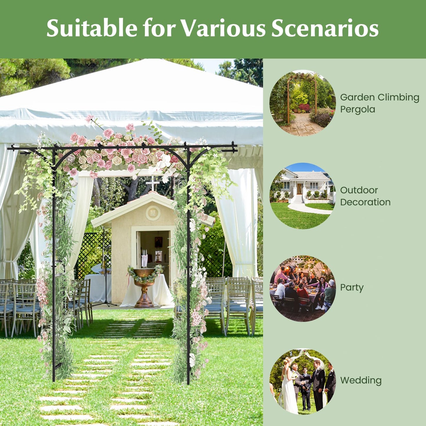 S AFSTAR Garden Arch Trellis Pergola, 6.8 FT Outdoor Metal Arbor w/Extended Top, 4 Ground Stakes, Plant Support Trellis for Climbing Plant Vine Rose, Garden Arbour Archway for Wedding Ceremony Party