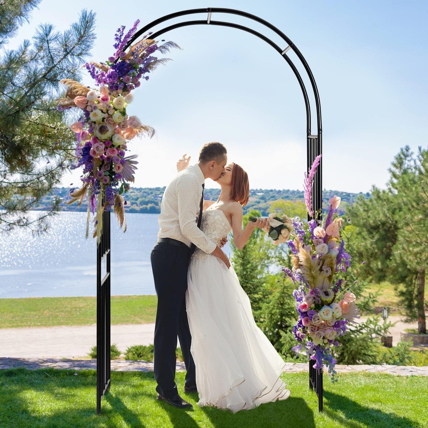 LDAILY Moccha Garden Arch Arbor Trellis, 7.2Ft Outdoor Steel Arbor with Stakes, Metal Archway for Climbing Plants, Wide Sturdy Garden Arch for Lawn, Party, Ceremony Wedding Decoration, Black