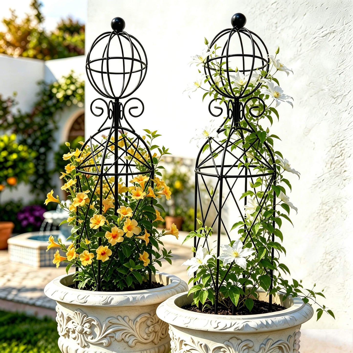 2-Pack Garden Obelisk Trellis, 28" Tall Black Iron Plant Support for Climbing Plants & Flowering Vines, Tool-Free Threaded Assembly, Decorative Accent for Patio Planters & Balcony Gardens