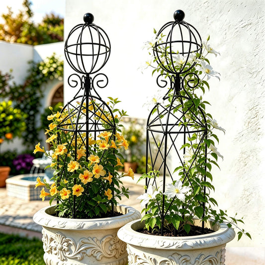 2-Pack Garden Obelisk Trellis, 28" Tall Black Iron Plant Support for Climbing Plants & Flowering Vines, Tool-Free Threaded Assembly, Decorative Accent for Patio Planters & Balcony Gardens