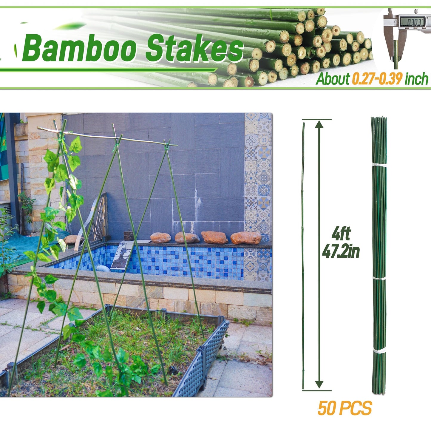 50Pcs 4ft Bamboo Sticks for Indoor Outdoor Plants, 0.29"-0.38" Natural Bamboo Poles, Durable Garden Stakes for Tomatoes, Beans, Flowers and Potted Plants