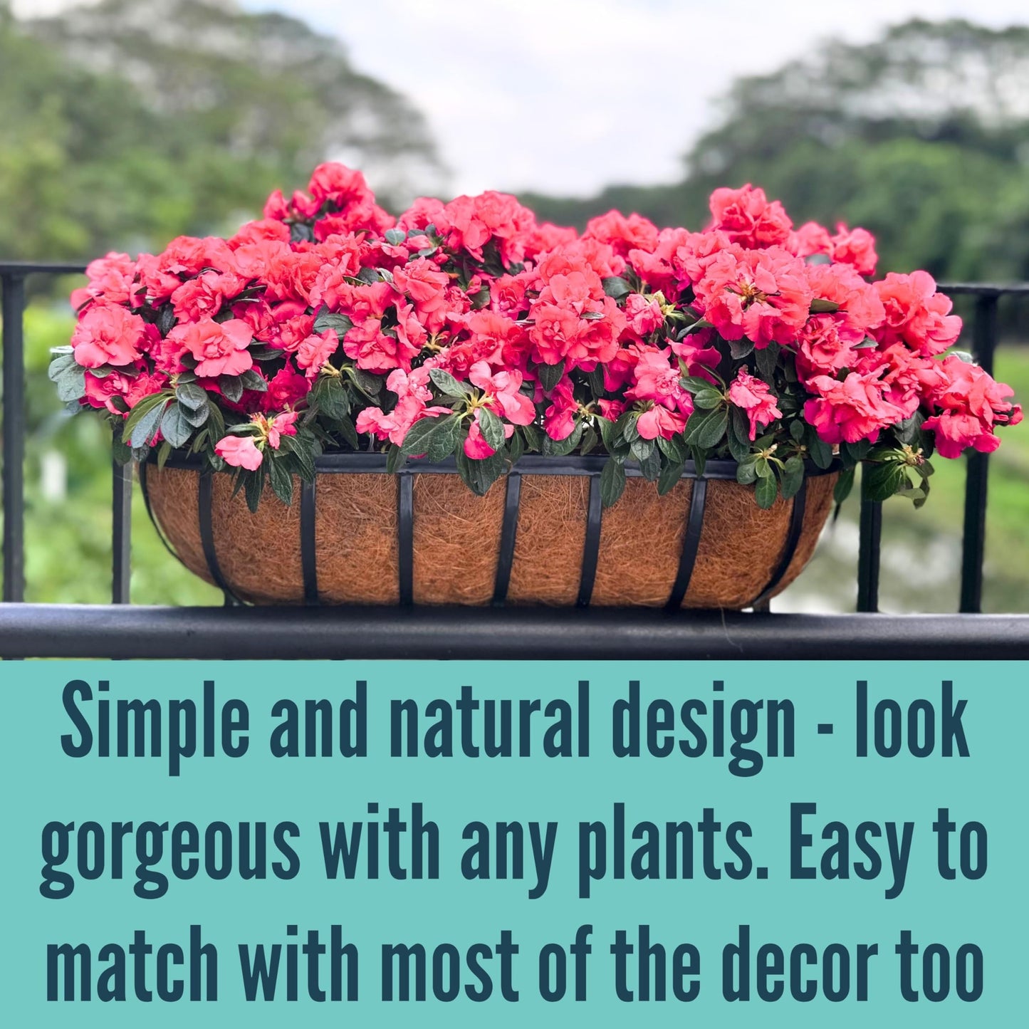LaLaGreen Deck Railing Planter Boxes for Plants (24 Inch, 2 Pack) Black Metal Wall Planters for Outdoor Plants, Window Flower Box Deck Railings with Coco Liner, Fence Balcony Patio Porch Over Rail