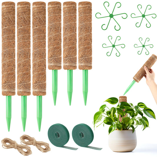 6 Pack Moss Pole for Plants Monstera,Stackable Moss Pole for Plants,Coir Totem Pole Tall for Climbing Plant,Sphagnum,Indoor Potted Plant with Garden Ties and Stem Support (3x17in + 3x12in)