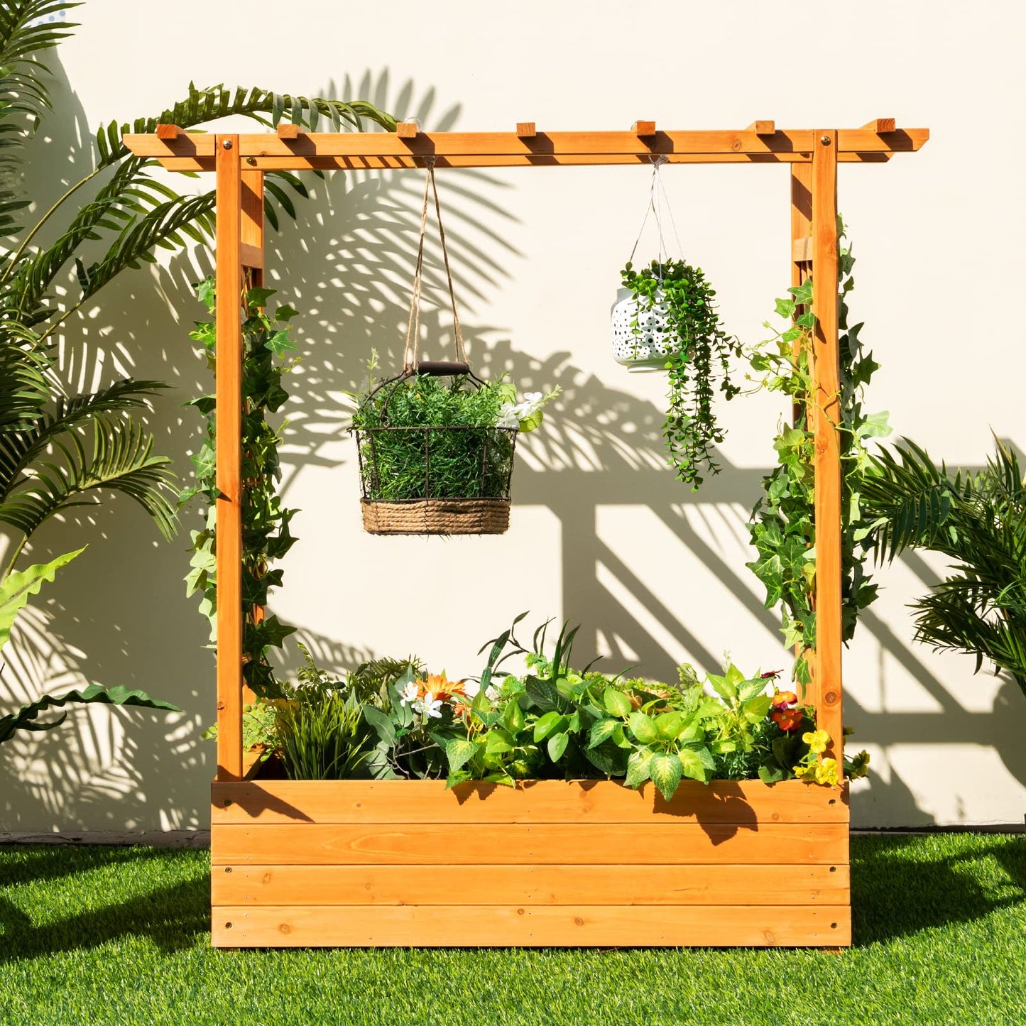 LDAILY Raised Garden Bed with Trellis, Above Ground Garden Bed with Hanging Roof, Side Trellis, & 4 Drainage Holes, Planter Box for Outdoor Climbing Plants Vines Flowers (1, 43.5"L x 17.5"W x 44.5"H)