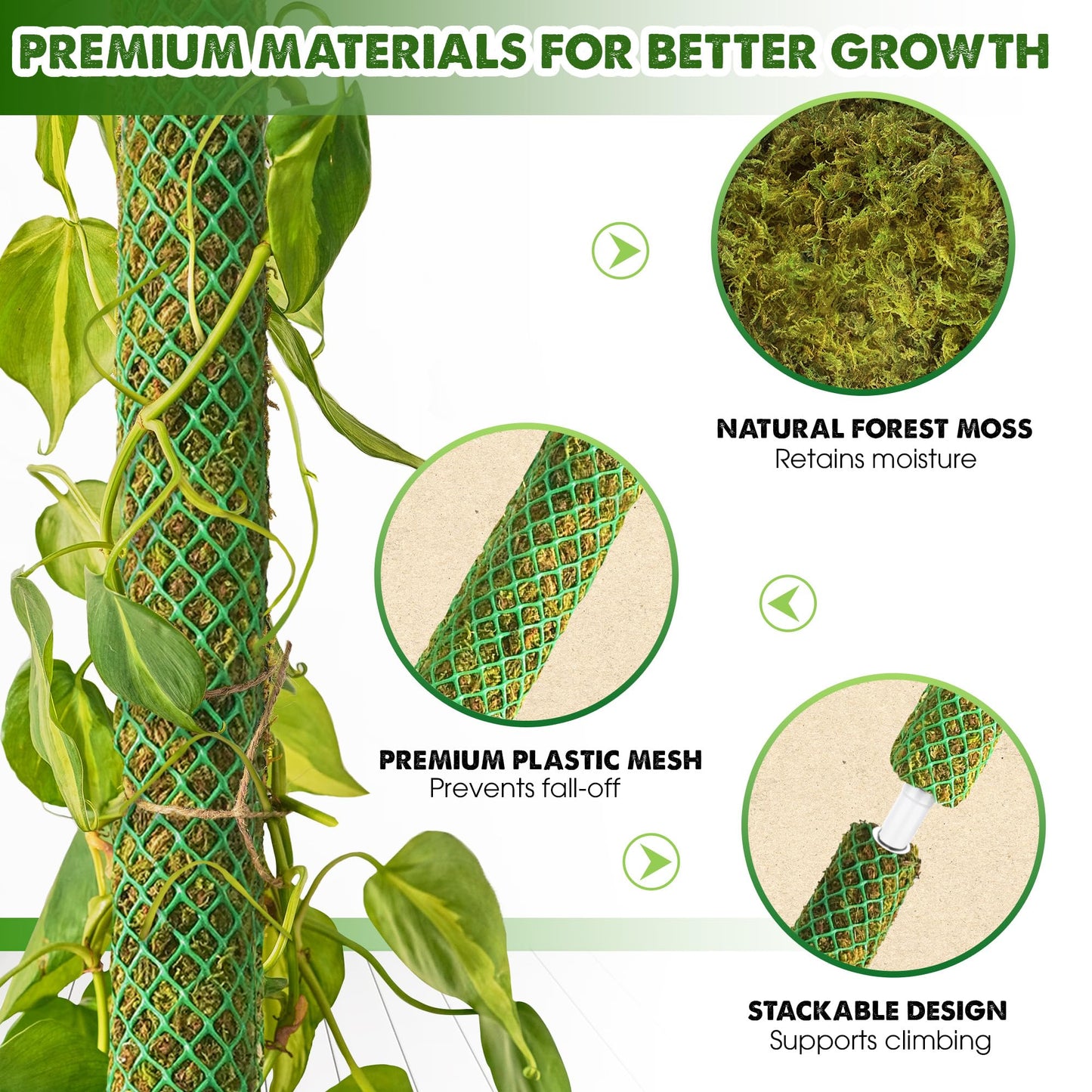 DUSPRO Bulk Pack 10Pcs 22'' Green Stackable Mesh Moss Pole for Plants, Extendable Plant Pole, Natural Forest Moss Pole Monstera Plant Support, Moss Stick for Climbing Plants, Indoor Plant Stakes