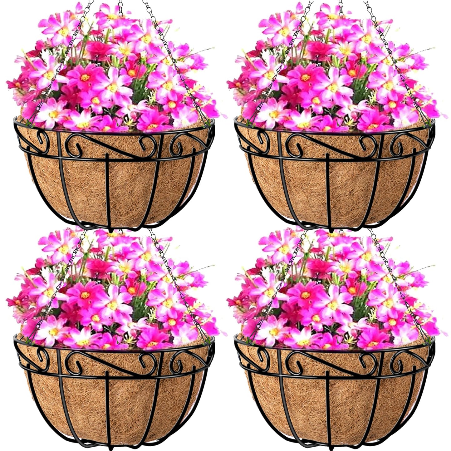 AMAGABELI GARDEN & HOME 4 Pack 12 Inch Metal Plant Hanging Baskets Planter Flower Pots Outdoor Indoor Wire Hanging Basket for Vegetable with Coco Fiber Liners for Garden Home Porch Decor