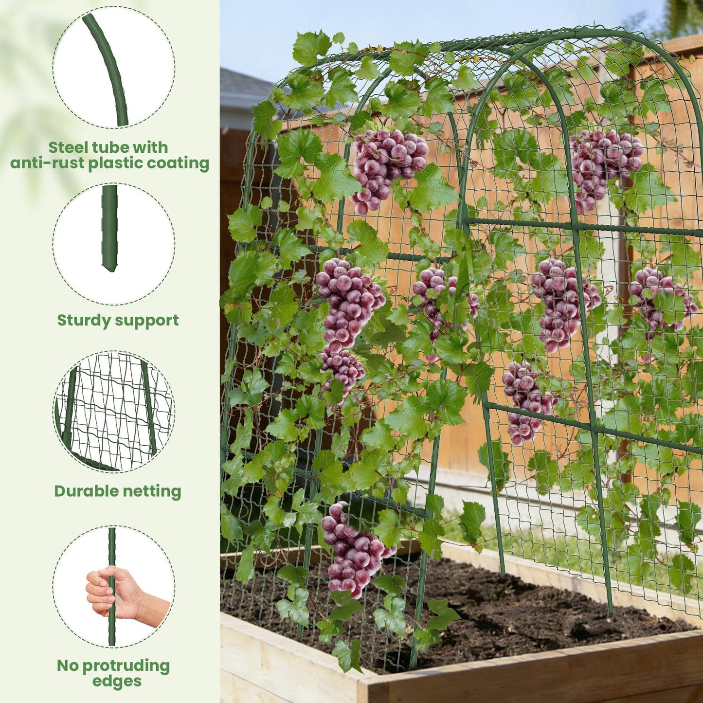 Cucumber Trellis, Metal Garden Arch Trellis for Raised Bed, 32 x 48inch U-Shape Garden Trellis for Climbing Plants Outdoor, Vegetables Fruit Plant Support with Netting, Gardening Supplies (Green)