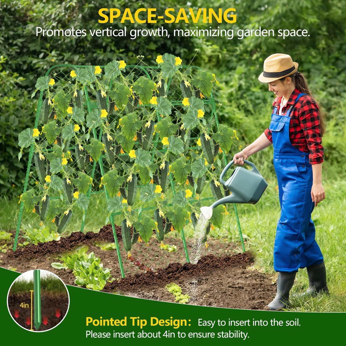 63" Tall Garden Trellis for Raised Bed Metal U-Frame Arch Tunnel Tomato Cage Plant Stakes Support with Garden Netting for Cucumber,Grapes,Peas, Zucchini,Vine,Bean,Flowers