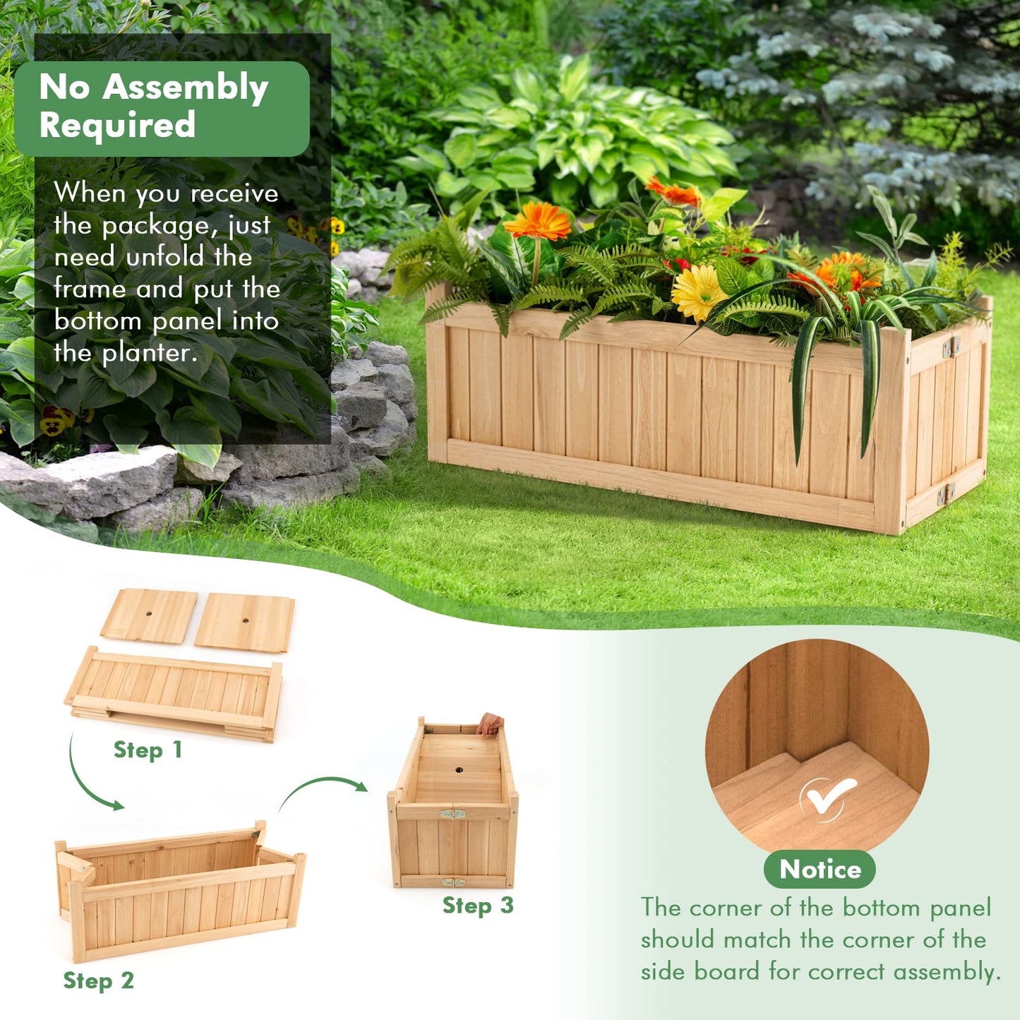 GRAFFY Raised Garden Bed, Folding Wood Planter Box w/Removable Bottom & Drainage, Elevated Planter for Flower Herb Vegetable Fruit, Plant Container for Grass Lawn Patio Backyard (27.5"D x 12"W x 10"H)