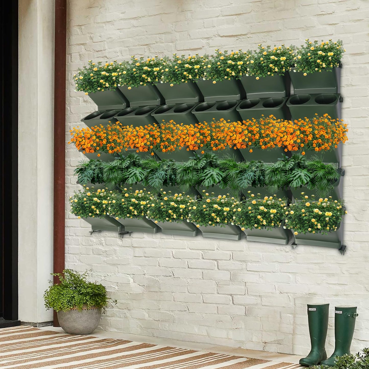 Self Watering Vertical Wall Planter with 30 Plant Pots, Wall-mounted Flower Pot Holder with Drainage Holes, Indoor Outdoor Living Wall Hanging Planter for Flower, Herb, Vegetable, and Fruit, Green