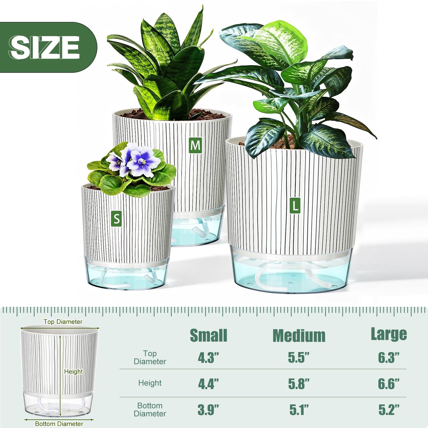 Samhe 3 Pack Self Watering Pots for Indoor Plants, 4+5.5+6.3 Inch Self Watering Plant Pots, Flower Pots with Wick Rope and Reservoir - Black Stripes