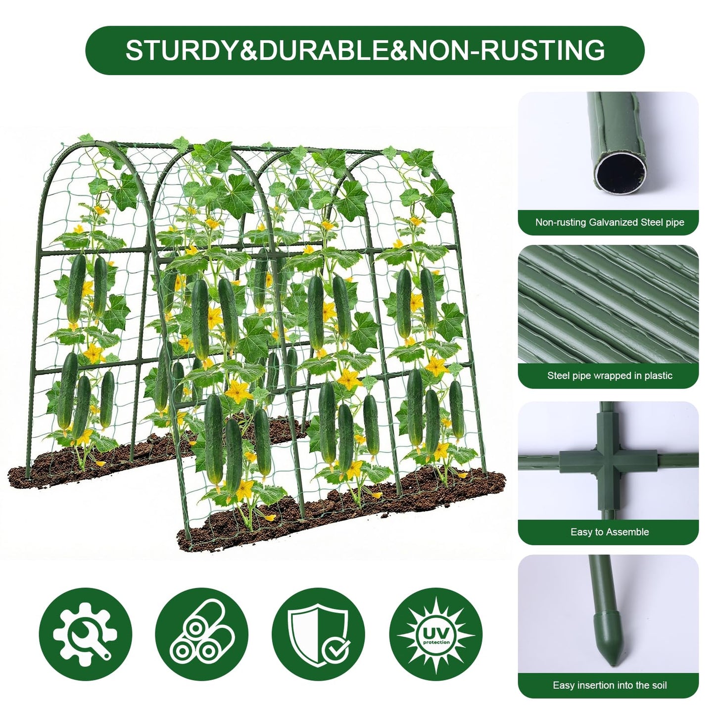 U-Shape Cucumber Trellis for Raised Bed - 47"x47"x22" Metal Garden Trellis with Net & Clips | Rust-Proof Plant Support for Cucumber, Tomato, Peas | Heavy-Duty Outdoor Climbing Plants Trellis