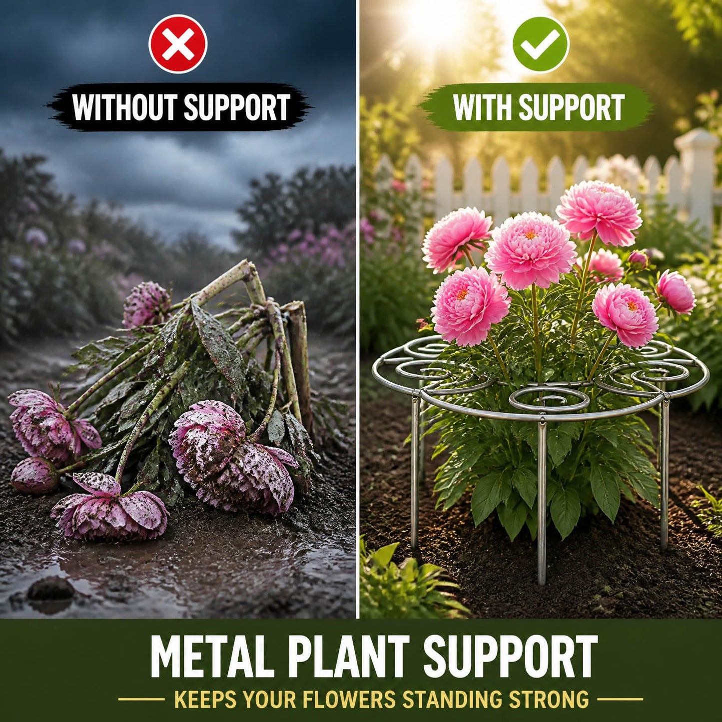 Peony Cages and Supports,Rustproof Weather-Resistant Metal Plant Support Stakes for Indoor Outdoor Garden Lawn Patio,Half-Round Grow Through Cage Ring for Peony,Hydrangea,Rose,Tomato (Small)