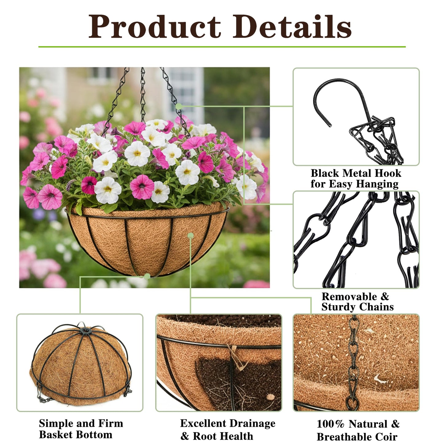 EIMQUVW Outdoor Metal Hanging Planters Basket (4pack, 12 inch) Hanging Baskets for Plants Chain Round Wire Plant Holder with Coco Fiber Liners for Garden, Patio, Deck, Porch