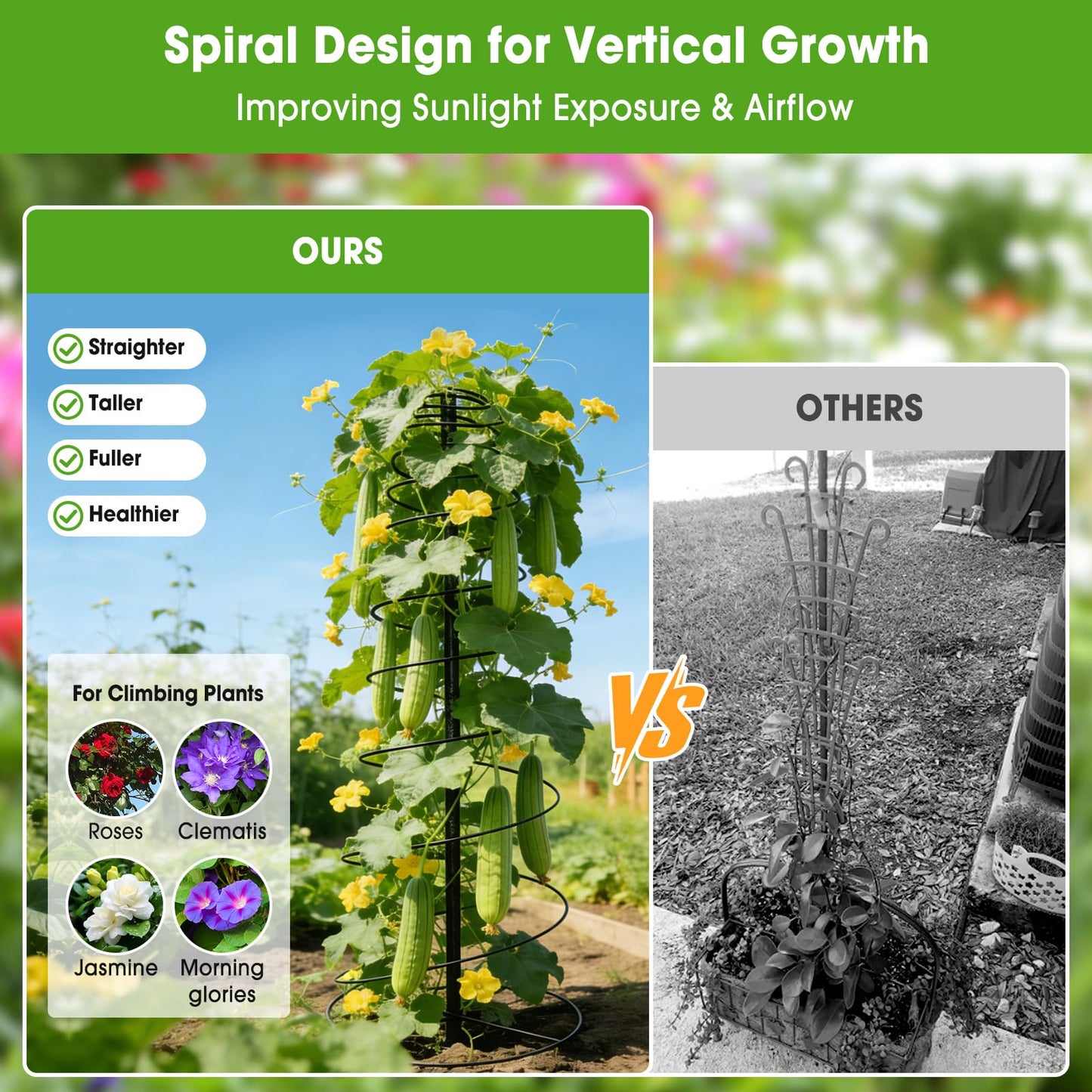 Trellis for Climbing Plants, 2PCs 75” Metal Spiral Frame Pea Trellis with Center Pole, Adjustable Vine Plant Tower Supports for Outdoor Beans,Cucumbers,Vegetable,Flowers,Pots,Garden Raised Bed,12” Dia