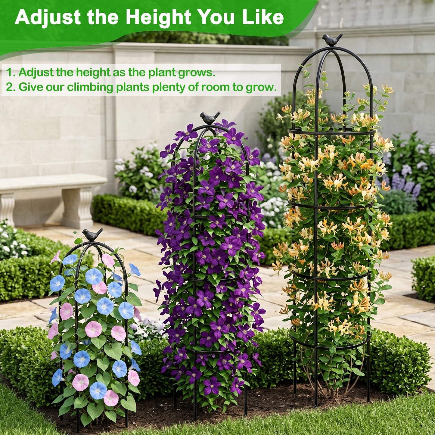 HEYTIMI 2 Pack 6 Ft Heavy Duty Metal Garden Obelisk Trellis for Climbing Plants, Rust‑Resistant Black Steel Vine Support for Rose Clematis Jasmine, Potted Flower Stand Indoor & Outdoor Decor (Bird)