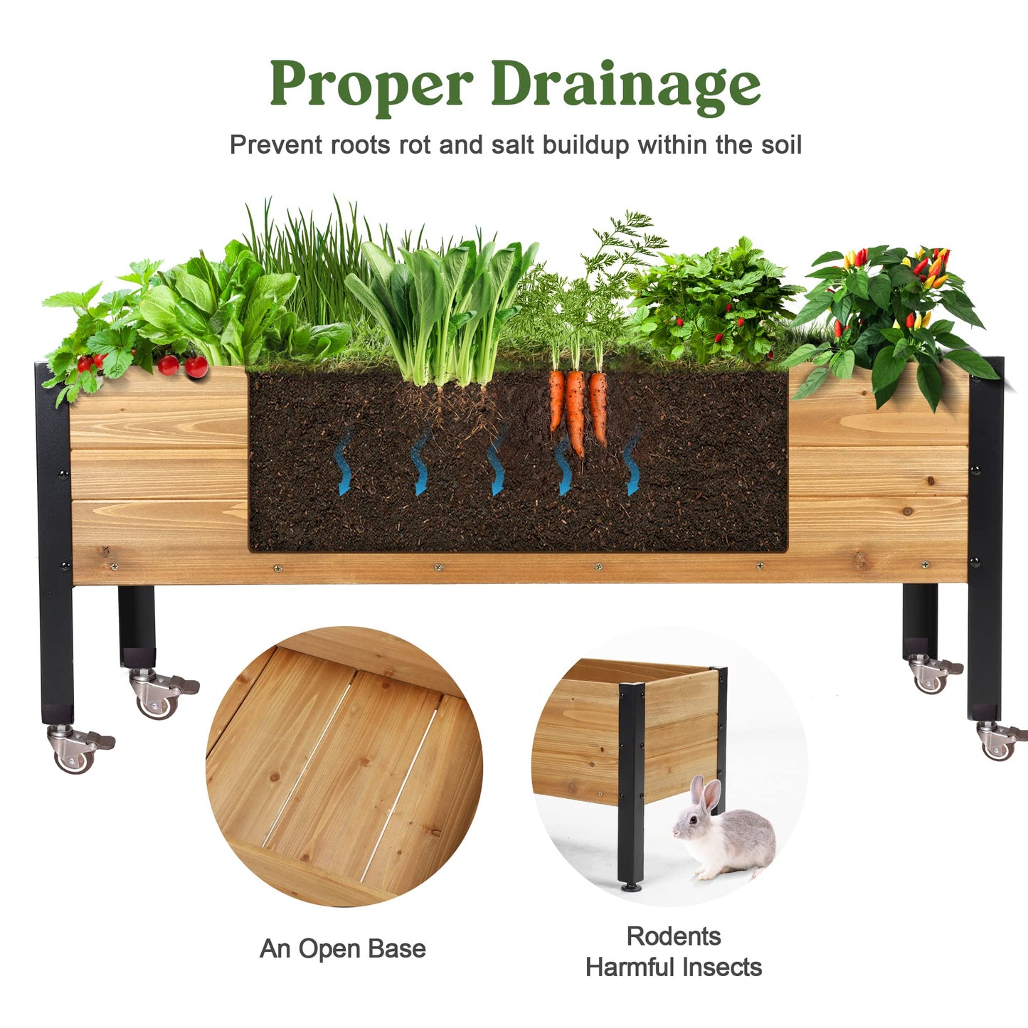 OIPRTGFJ Wood Rectangular Garden Planter Box with Wheel Raised Garden Bed Outdoor,Planters for Outdoor Plants 37 * 13 * 15 Elevated Planter Box for Herbs Vegetables Flowers Outdoor Patio Deck Balcony