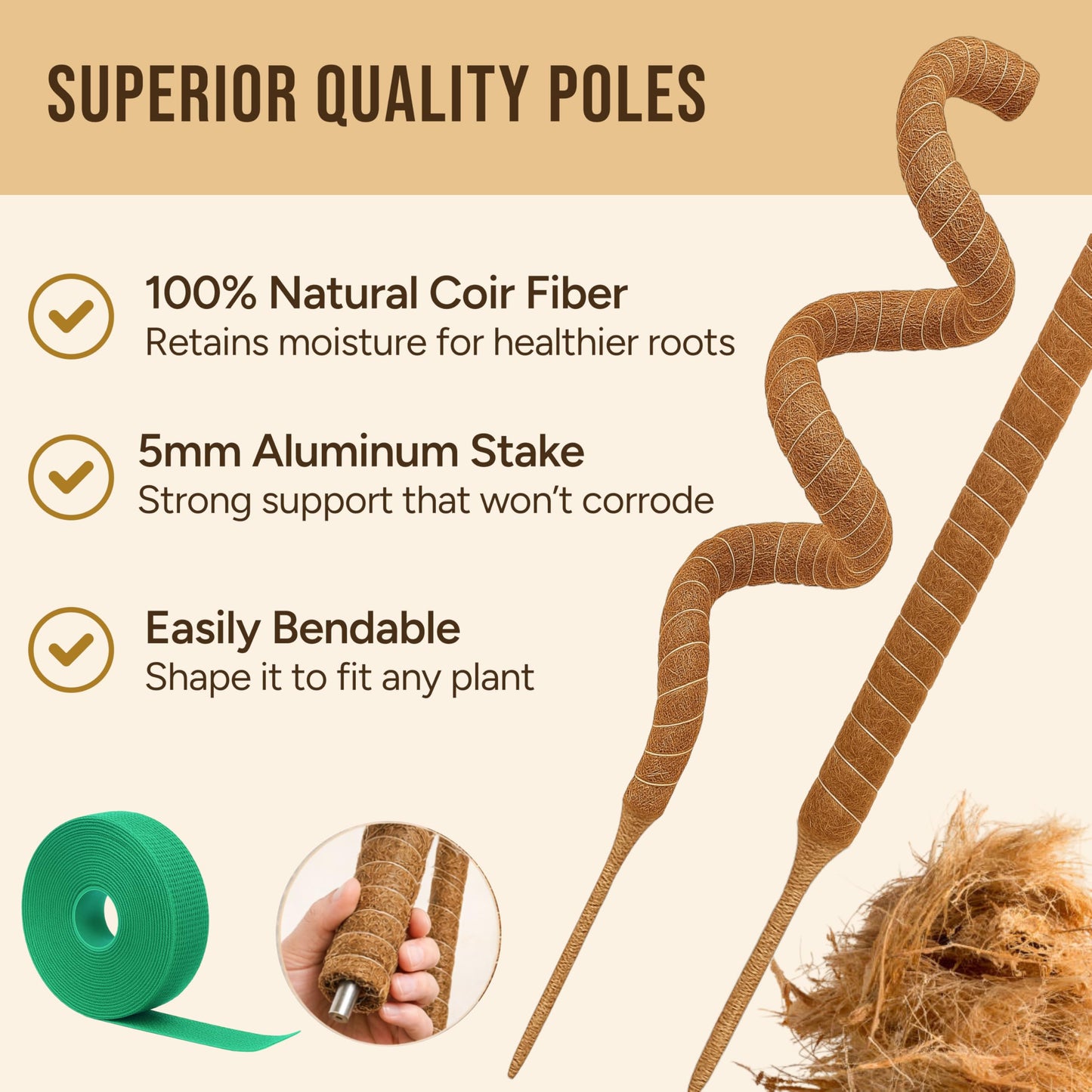 Craft911 Moss Pole Monstera Plant Support – 2 Pack 48” Bendable Moss Pole Monstera Plant Support, Plant Stakes for Indoor Plants, Tall Plant Sticks Support for Climbing Plants