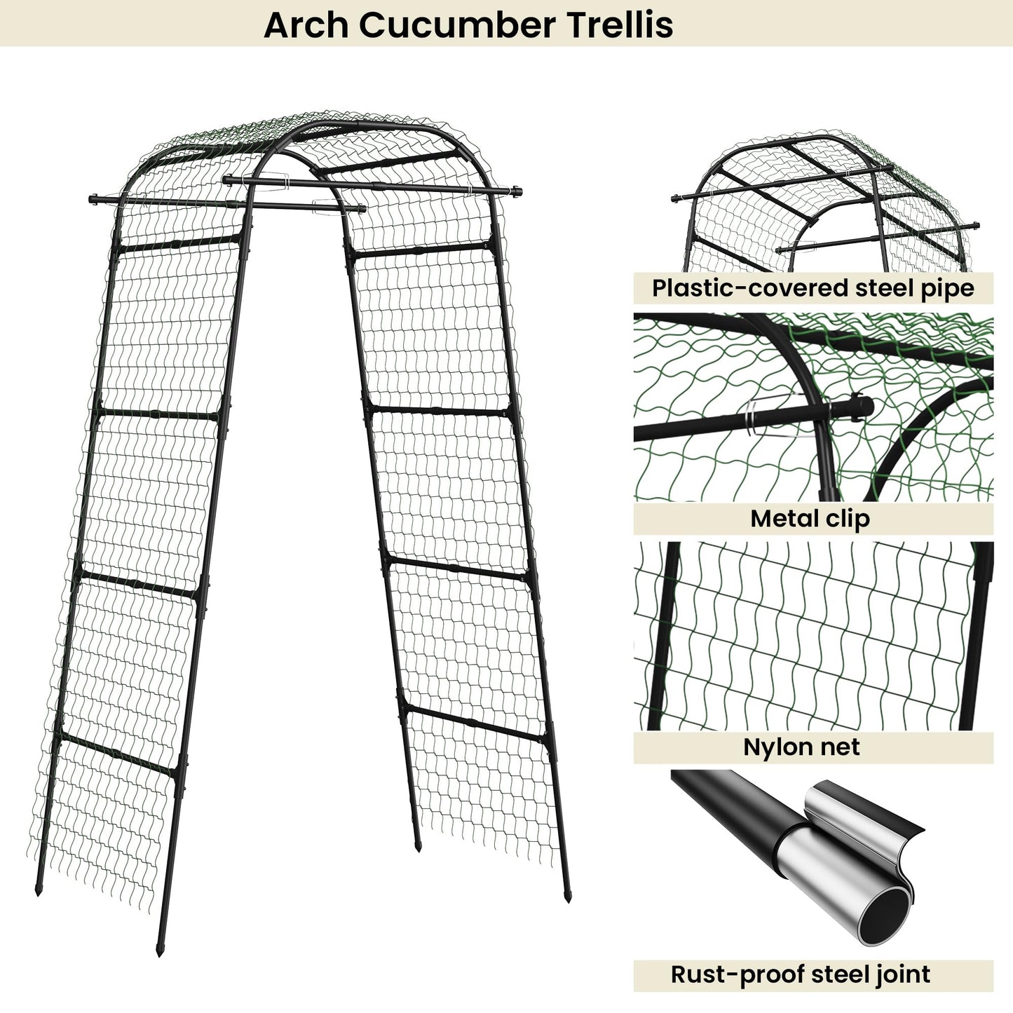 Cucumber Trellis for Raised Bed, U-Shape Metal Garden Arch, Rustproof PE-Coated Plant Support for Cucumbers, Beans, Tomatoes, Squash, Flowers (Black, 31.5 * 49.2 * 82.7inch(L*W*H))
