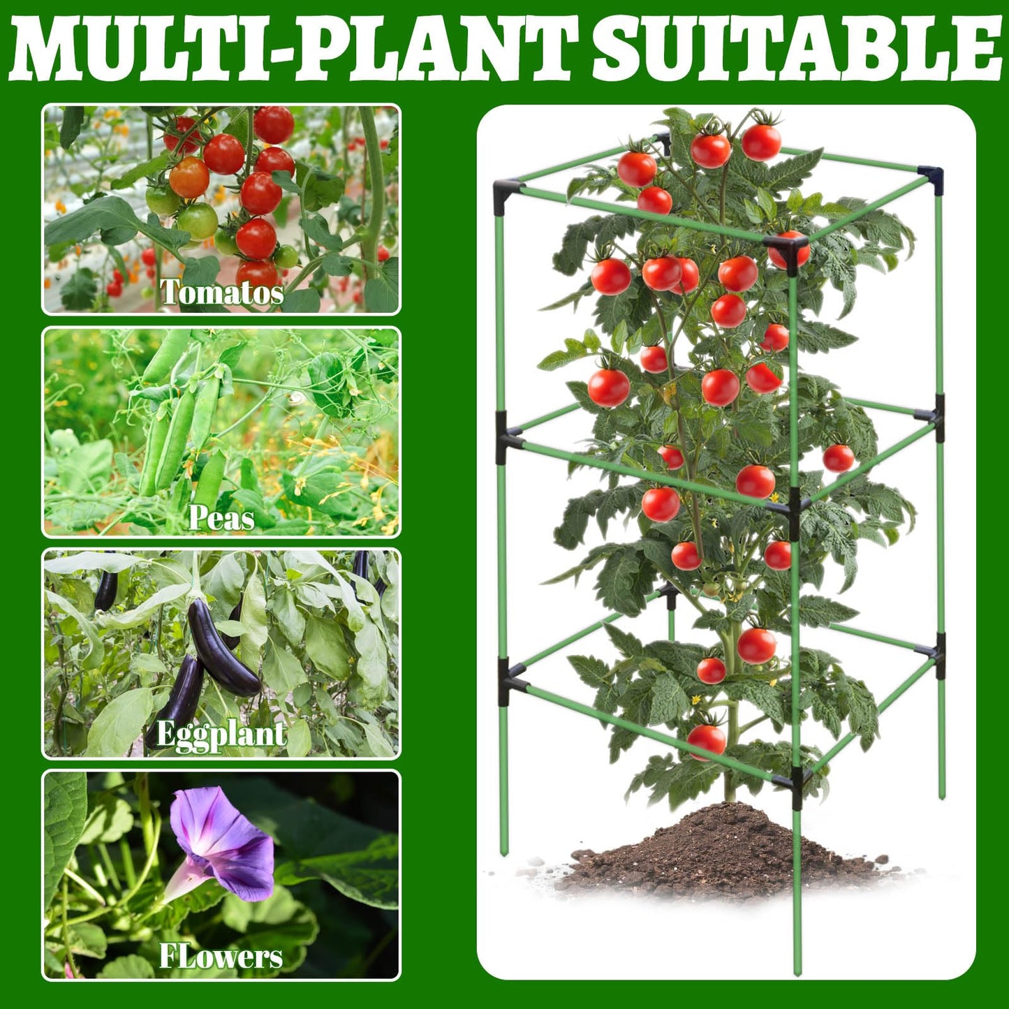 2 Pack Tomato Cages for Garden,Square Tomato Plant Cage Support Heavy Duty Pole 57*15.4*15.4 Inches,Steel Plant Tower Stakes,Cherry Tomato Trellis Cucumber for Climbing Vegetables Flowers Fruits-Green