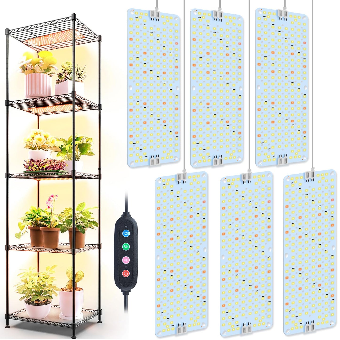 6Panel Grow Lights for Indoor Plants, Seed Starting, Veg, Pot Plants, Bonsai with Timer 4/8/12/16/20H, Ultra-Thin Under Cabinet & Shelf Full Spectrum LED Plant Growing Lamps, Multi-Panels Free Connect