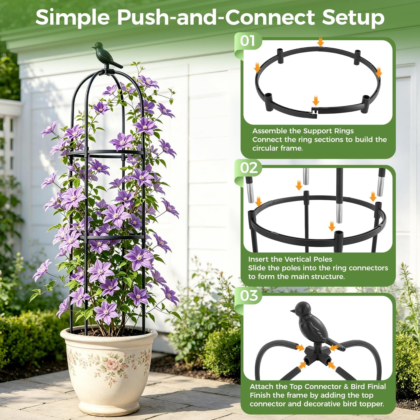1pcs Garden Obelisk Trellis for Climbing Plants Outdoor, Tomato Cages for Garden, Metal Rustproof Plant Support Trellis for Potted Plants, Rose, Vine, Vegetable for Outdoor & Indoor Use (Black)