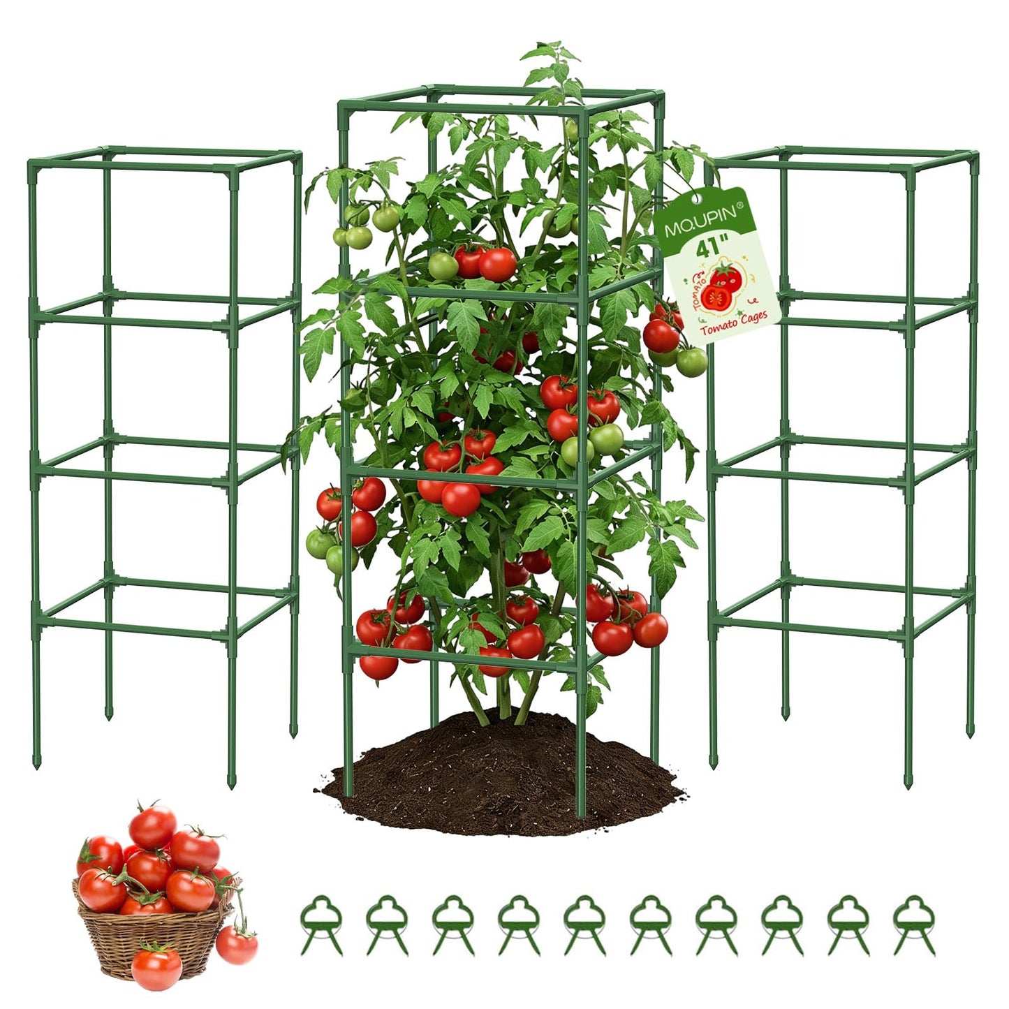 MQUPIN Tomato Cages,4 Packs Square Tomato Cage for Garden Plant Support,41 * 15 * 15in Heavy Duty Steel Plant Tower Stakes Trellis for Climbing Vegetables Flowers Fruits