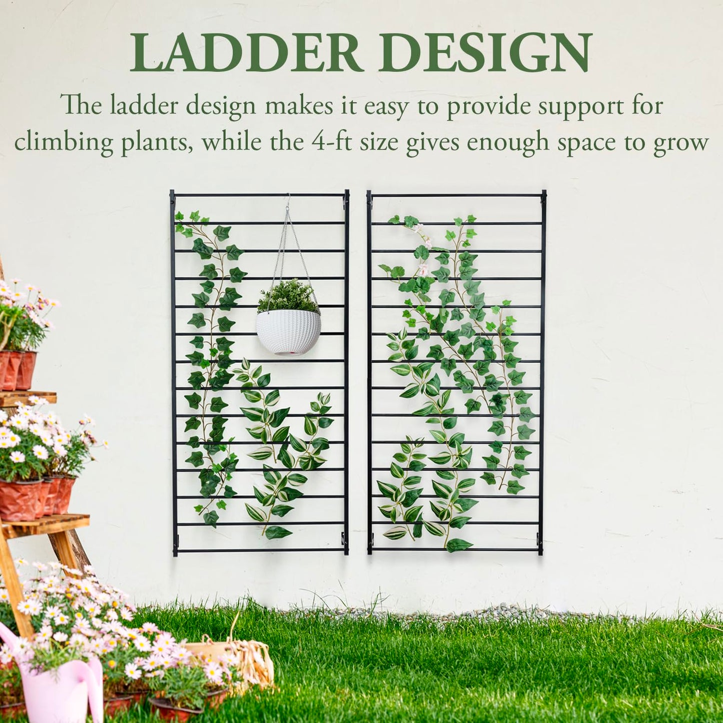MyGift 4 Foot Tall Modern Matte Black Metal Wall Mounted Horizontal Bars Trellis, Outdoor Hanging Support Frame for Climbing Garden Plants and Crawling Vines, Set of 2