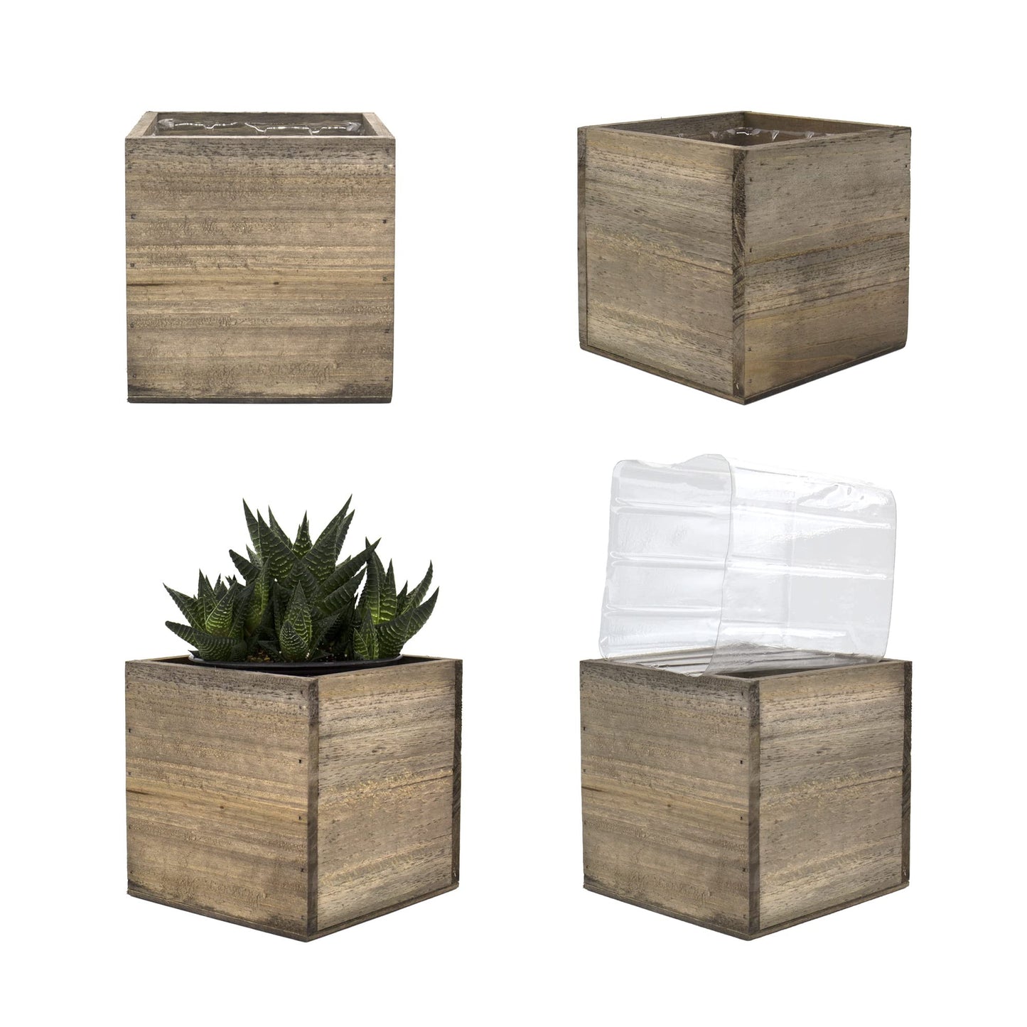 CYS EXCEL Cube Planter Box with Removable Plastic Liner (5"x5"x5")(4 PCS) | Multiple Size Choices Wood Square Planter | Indoor Decorative Window Box