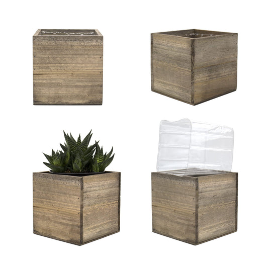 CYS EXCEL Cube Planter Box with Removable Plastic Liner (5"x5"x5")(4 PCS) | Multiple Size Choices Wood Square Planter | Indoor Decorative Window Box