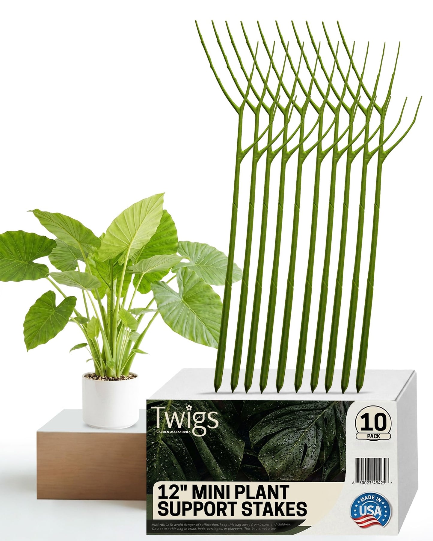 Twigs GA - Mini Twigs Plant Support Stakes for Small Plants, Indoor & Outdoor Use, Gardening Supplies, Garden Accessories, Trellis & Ring Alternative, Made in USA - Peony (Light Green), 10 Pack, 12" L