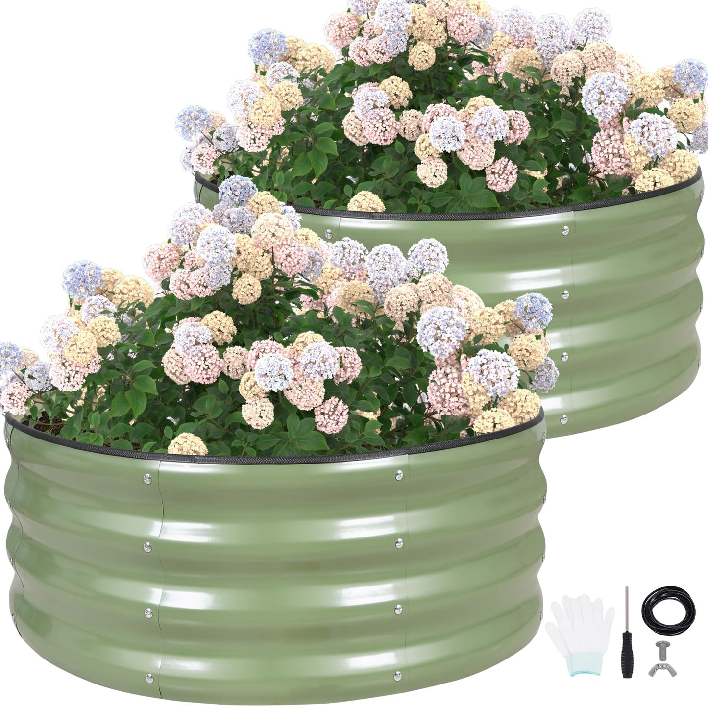 G GOOD GAIN Round Raised Garden Bed - 2Pcs 3x3x1ft Galvanized Steel Planter Boxes Outdoor with Rubber Edge Trim | Metal Raised Beds for Gardening Vegetables Flowers Fruits Herbs (Olive Green)