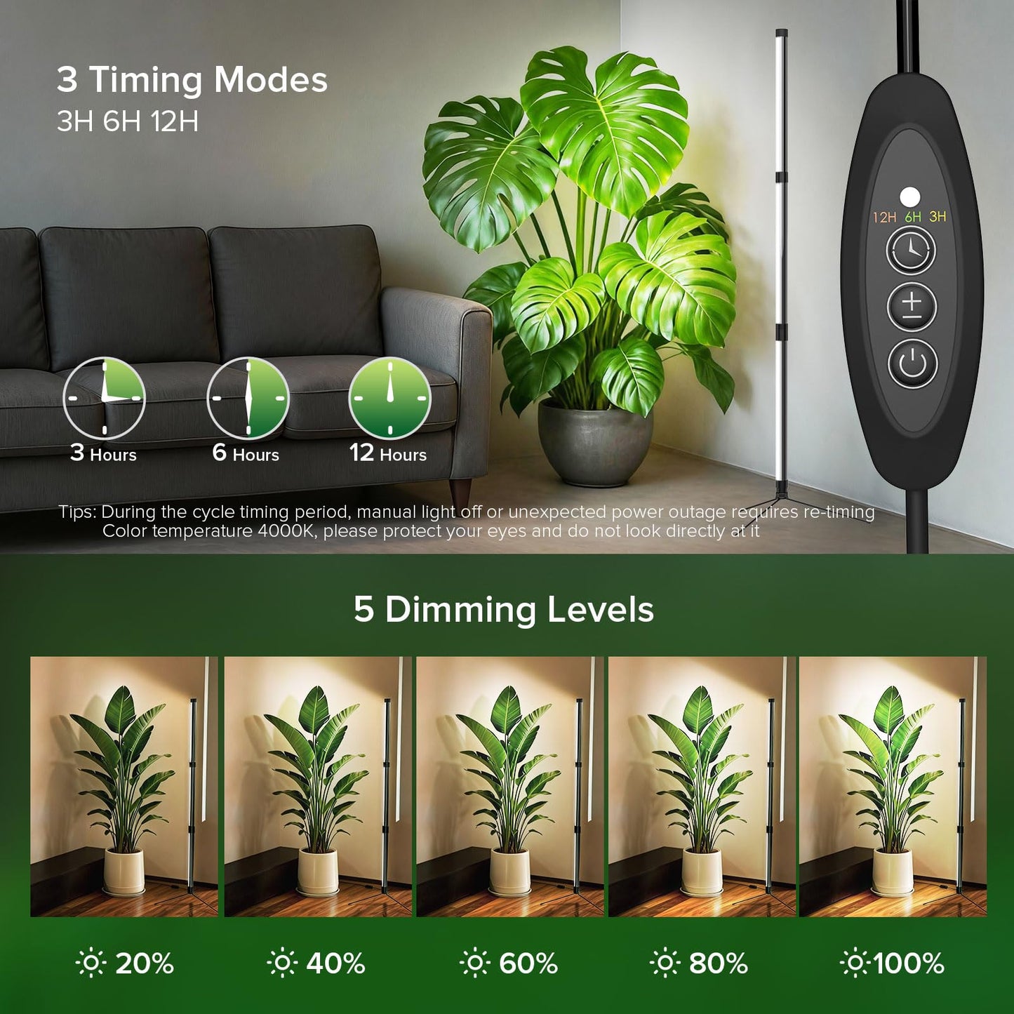 80W LED Grow Light for Indoor Plants, 3-Tier Standing Plant Light with 3/9/12H Timer, 5 Dimmable Levels, Full Spectrum Sunlike Grow Lamp for Seedlings, Potted, Tall & Large Houseplants in Room, Garden
