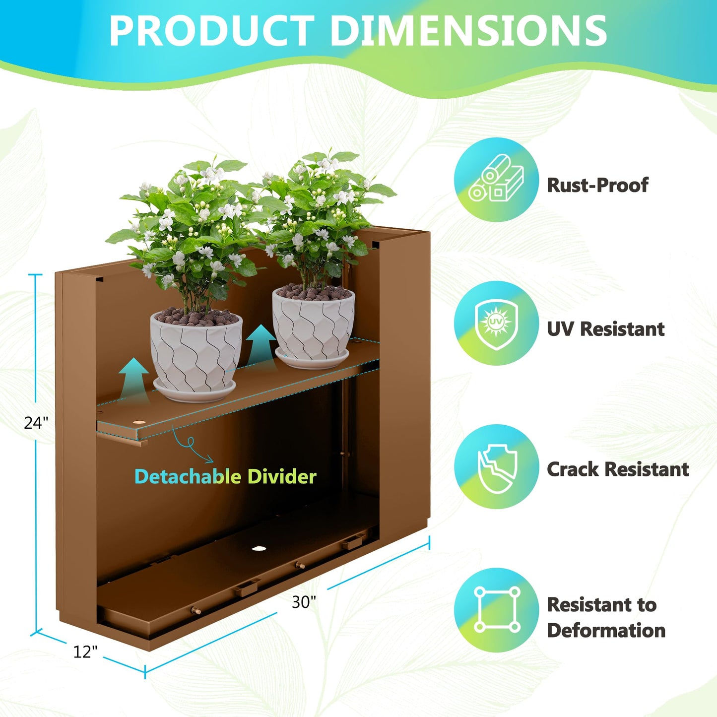 FENCY Metal Planter Box, Large Rectangular Planters for Outdoor Plants, Outdoor Tall Planters with Drainage Holes, Brown Metal Planters (30" L x 12" W x 24" H)
