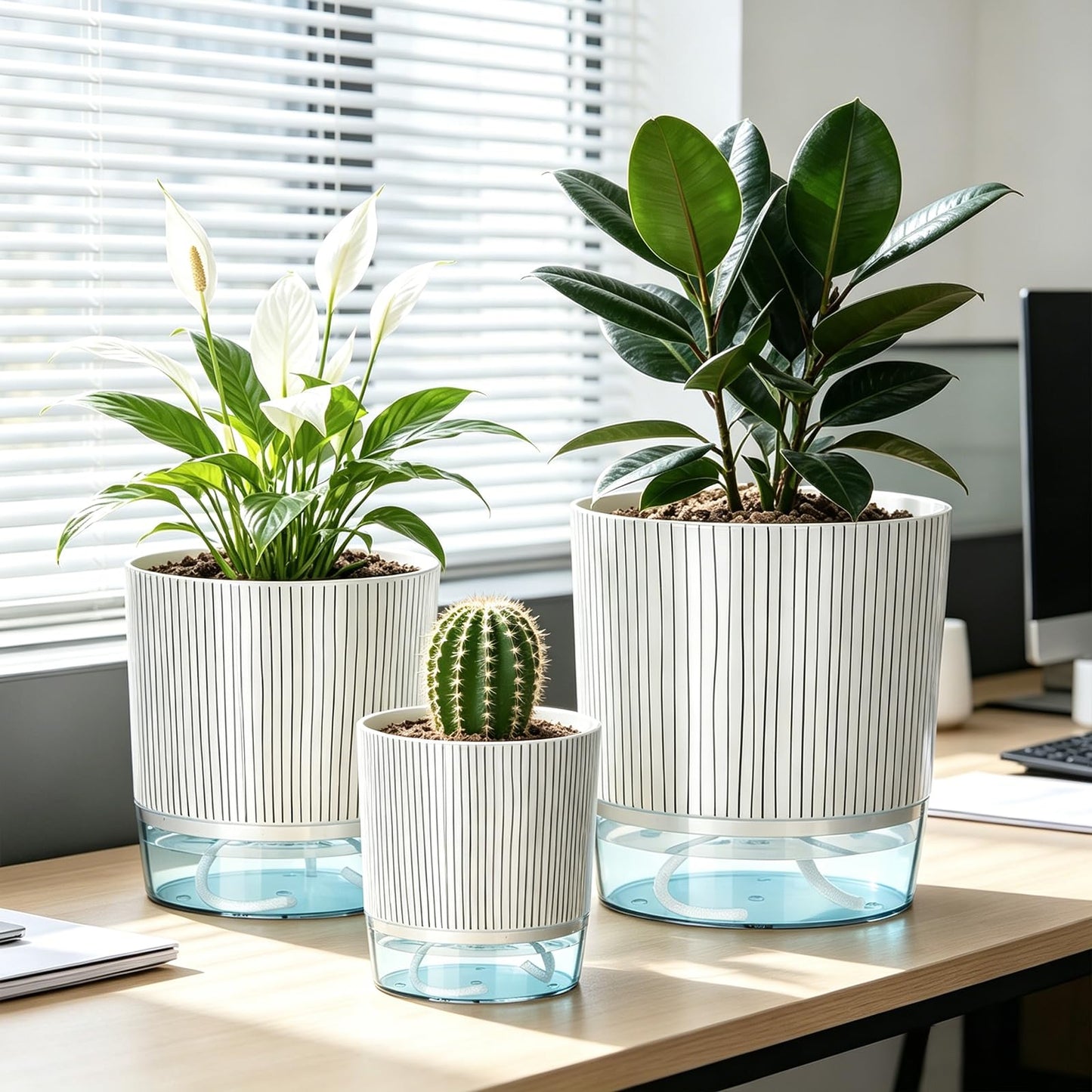 Samhe 3 Pack Self Watering Pots for Indoor Plants, 4+5.5+6.3 Inch Self Watering Plant Pots, Flower Pots with Wick Rope and Reservoir - Black Stripes