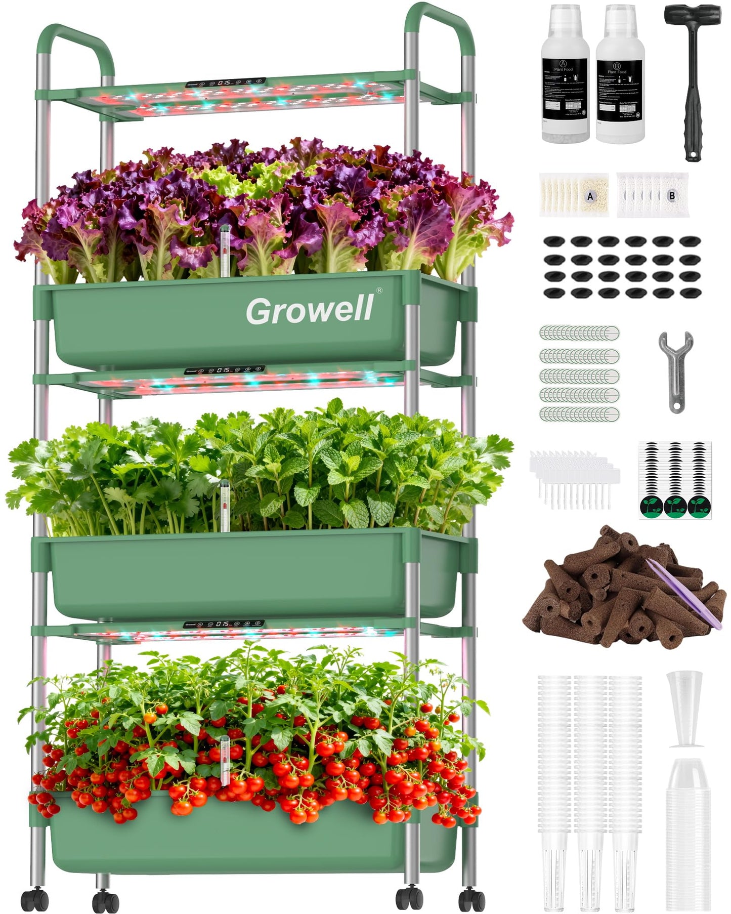 Growell Large Hydroponics Growing System Kit, Vertical Indoor Herb Garden Kit with LED Grow Light & Independent Water Pump, 42L Movable Indoor Planter Perfect Gardening Gifts (3 Tier-81 Pods Green)