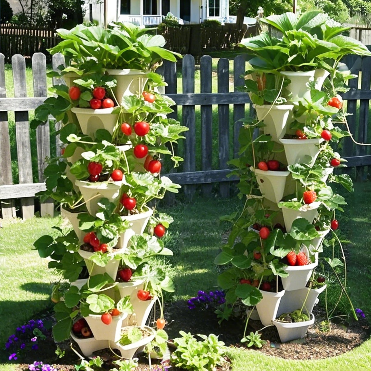 Lykvrii Strawberry Planters, 3 Tiered Vertical Stackable Planter, Herb Stacking Tower Garden, Flower Vegetable Planters with Support Pole, Indoor & Outdoor with Removable Wheels - White