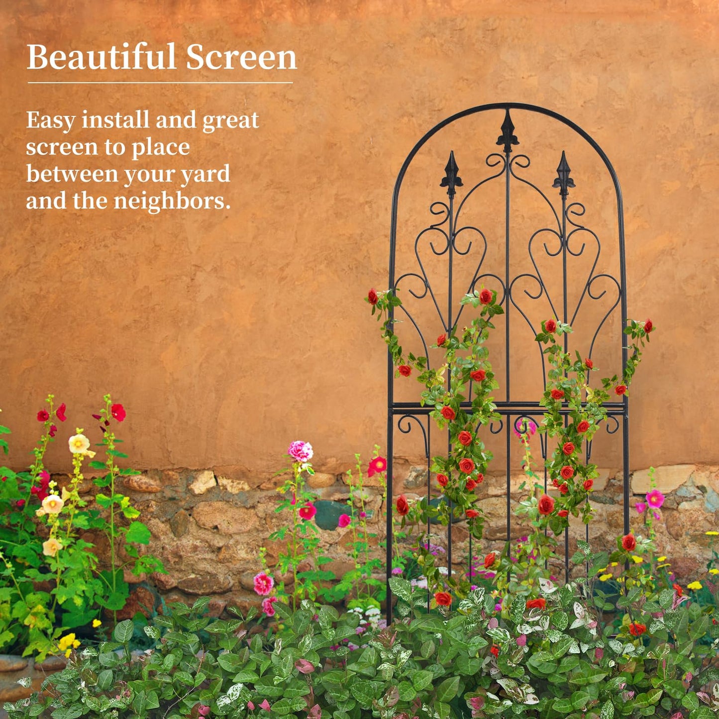 SCENDOR Garden Trellis for Climbing Plants 59" H x 21.7" W Metal Unique Design Decorative Garden Structure Weather-Resistant Lattice Outdoor Decor Flowers Roses Vine Ivy Clematis Black Coating