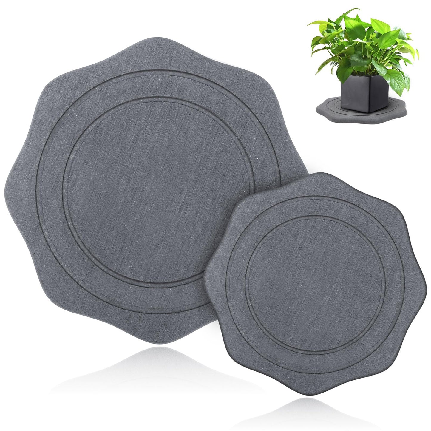 seaflash Plant Saucer for Indoors, 2 Packs 8 12 inch, Diatomaceous Earth Pot Saucers No Holes, Instant Dry Plant Drainage Trays for Pots, Dark Gray
