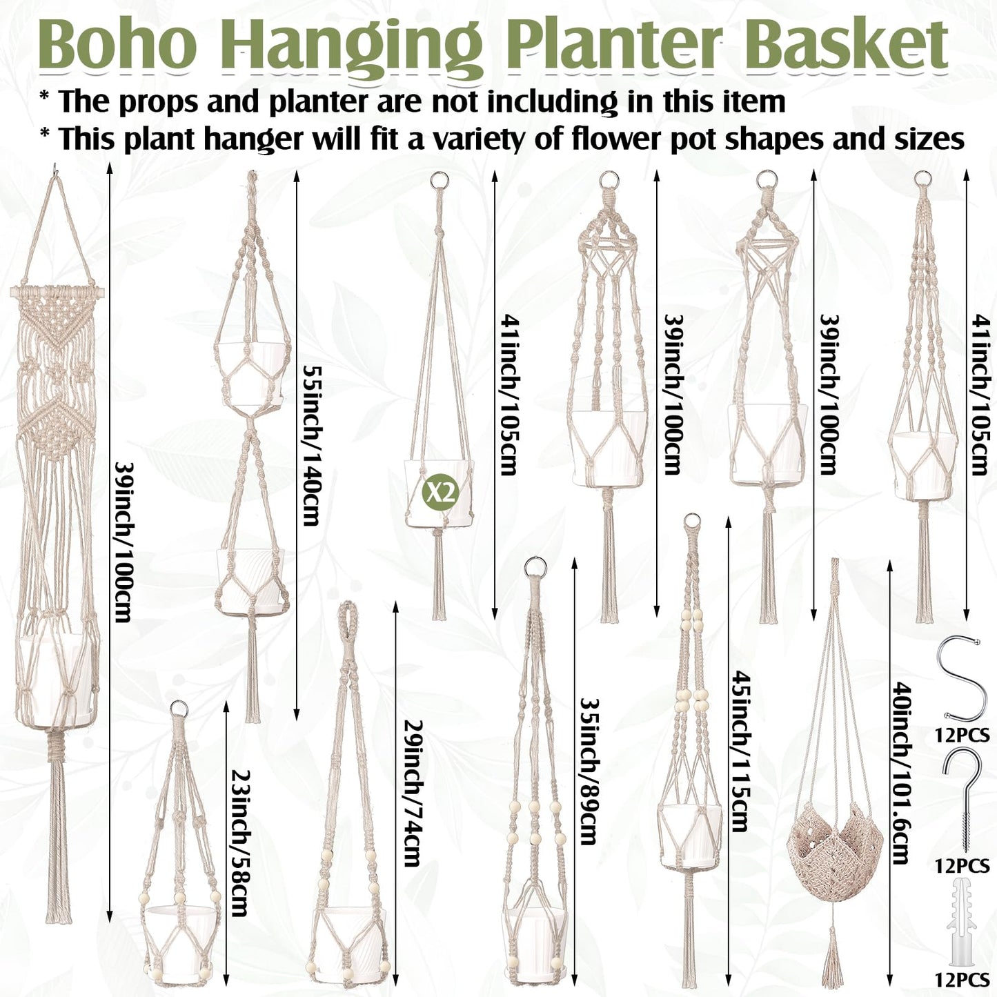 Hoteam 12 Pcs Macrame Plant Hangers Macrame Hanging Planters for Indoor Plants Handmade Boho Hanging Baskets Flower Pots Holder for Outdoor Home Wall Decor(White)