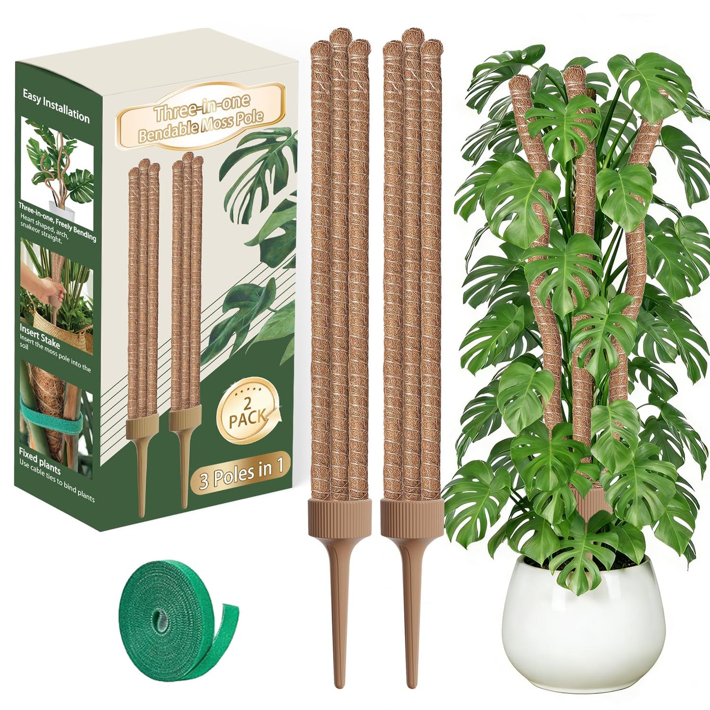 3 Moss Poles in 1, Bendable Monstera Plant Support, 30IN Tall Plant Stakes for Indoor Plants, Coir Pole Plant Support for Climbing Plants, Pothos, Philodendron-2 Pack