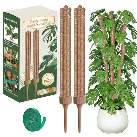3 Moss Poles in 1, Bendable Monstera Plant Support, 30IN Tall Plant Stakes for Indoor Plants, Coir Pole Plant Support for Climbing Plants, Pothos, Philodendron-2 Pack