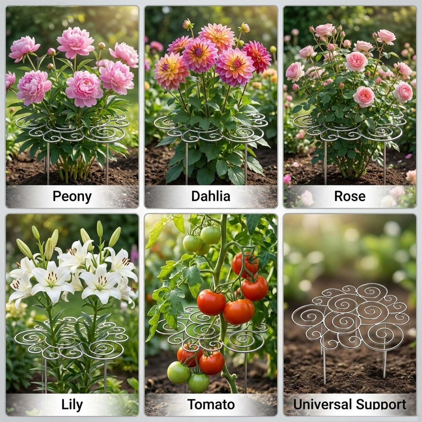 Metal Plant Support Ring, Plant Support for Garden, Peony Cage Stand, Rustproof Silver Metal Grow Through, 200PCS Plant Support Clips, Outdoor Indoor Pots Peony Dahlia Cage Tomato 1pcs,Medium