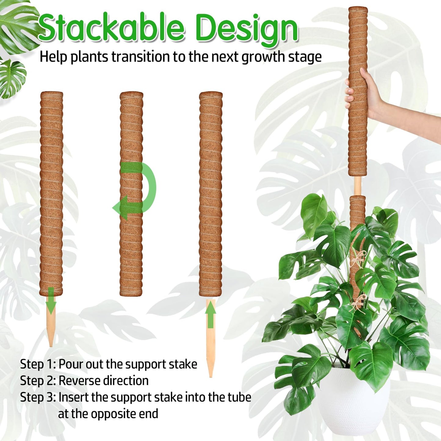ROADPLUM 4 Pack 21.7" Coco Coir Poles, Stackable Plant Stakes Moss Pole for Plant Monstera with Twist Ties Plant Ties Labels Jute Rope, Plant Sticks Support for Climbing Plants Growth Indoor